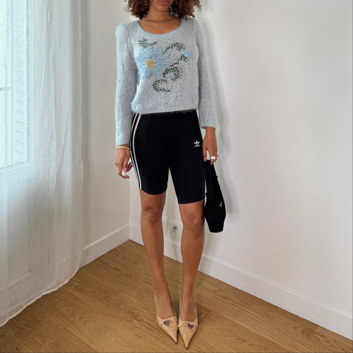 Vintage Baby Blue Mohair Blend Floral Sequin Sweater Italian Y2K Fuzzy Knit Top (S/M)