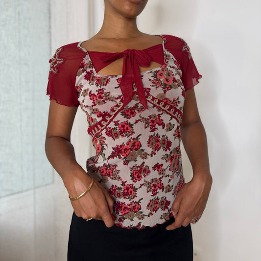 Italian vintage Y2K burgundy floral mesh top with beaded embroidered sleeves and tie-front neckline