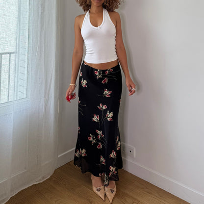 Vintage Black Floral Mesh Maxi Skirt Double Layer Viscose Italian Y2K (S)