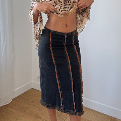 Vintage Italian Dark Blue Mid Rise Denim Midi Skirt with Contrast Seams (Small)