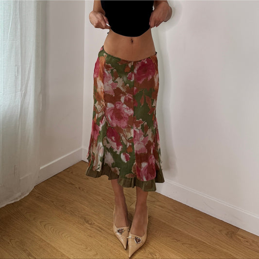 Vintage Olive Pink Floral Mesh Midi Skirt Italian Bias Cut Y2K Skirt (S) ⠀