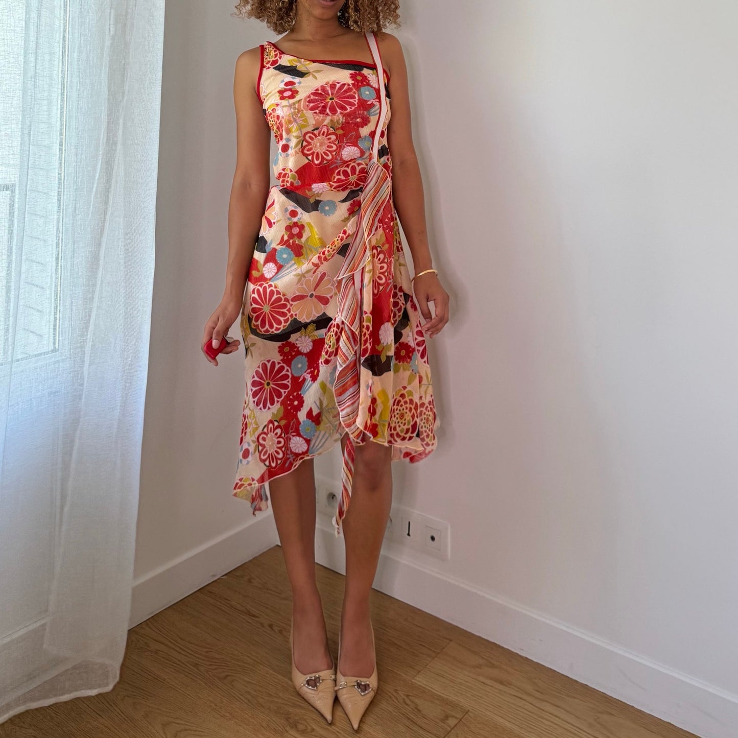 Vintage Red Floral Mesh Midi Dress Asymmetrical Draped Euro Y2K (XS/S)