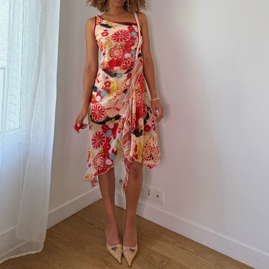 Vintage Red Floral Mesh Midi Dress Asymmetrical Draped Euro Y2K (XS/S)