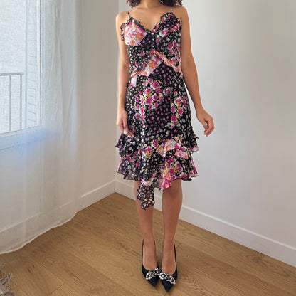 Vintage Italian Patchwork Floral Mesh Dress with Ruffle Hem (M)