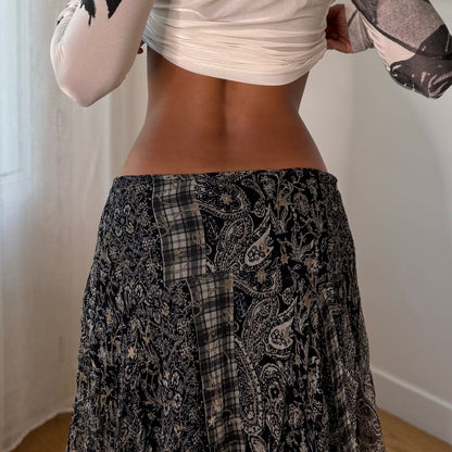 Italian Vintage Black Beige Paisley 100% Silk Mesh Asymmetric Handkerchief Maxi Skirt