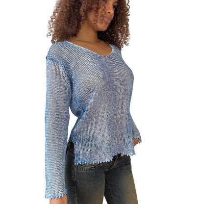 Vintage Italian 00s Blue Linen Knit Long Sleeve Top (Medium)