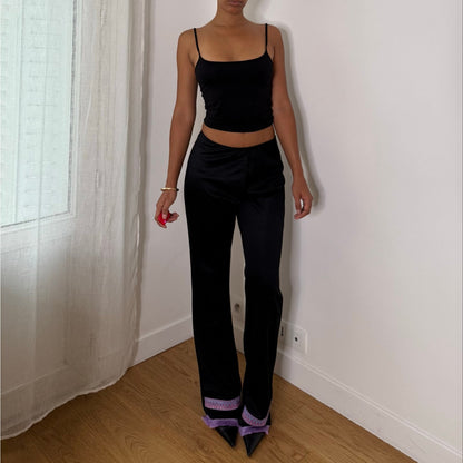 French vintage Y2K black low-rise trousers with purple fringe trim & pink turquoise embroidered cuffs