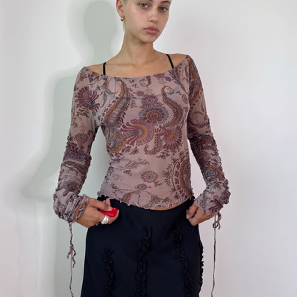 Vintage Taupe Pink Paisley Mesh Top Ruched Drawstring Marella Japan Collection Y2K (S/M)