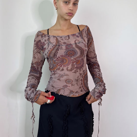 Vintage Taupe Pink Paisley Mesh Top Ruched Drawstring Marella Japan Collection Y2K (S/M)