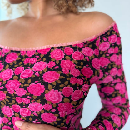 Vintage Black Pink Rose Mesh Long Sleeve Top Y2K (S/M)