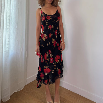 Vintage Black Red Floral Mesh Midi Dress Sheer Layer Italian Y2K (S/M)