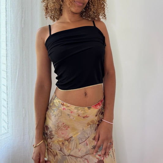Vintage Black Gold Trim Slinky Cami Top Euro Y2K (S)