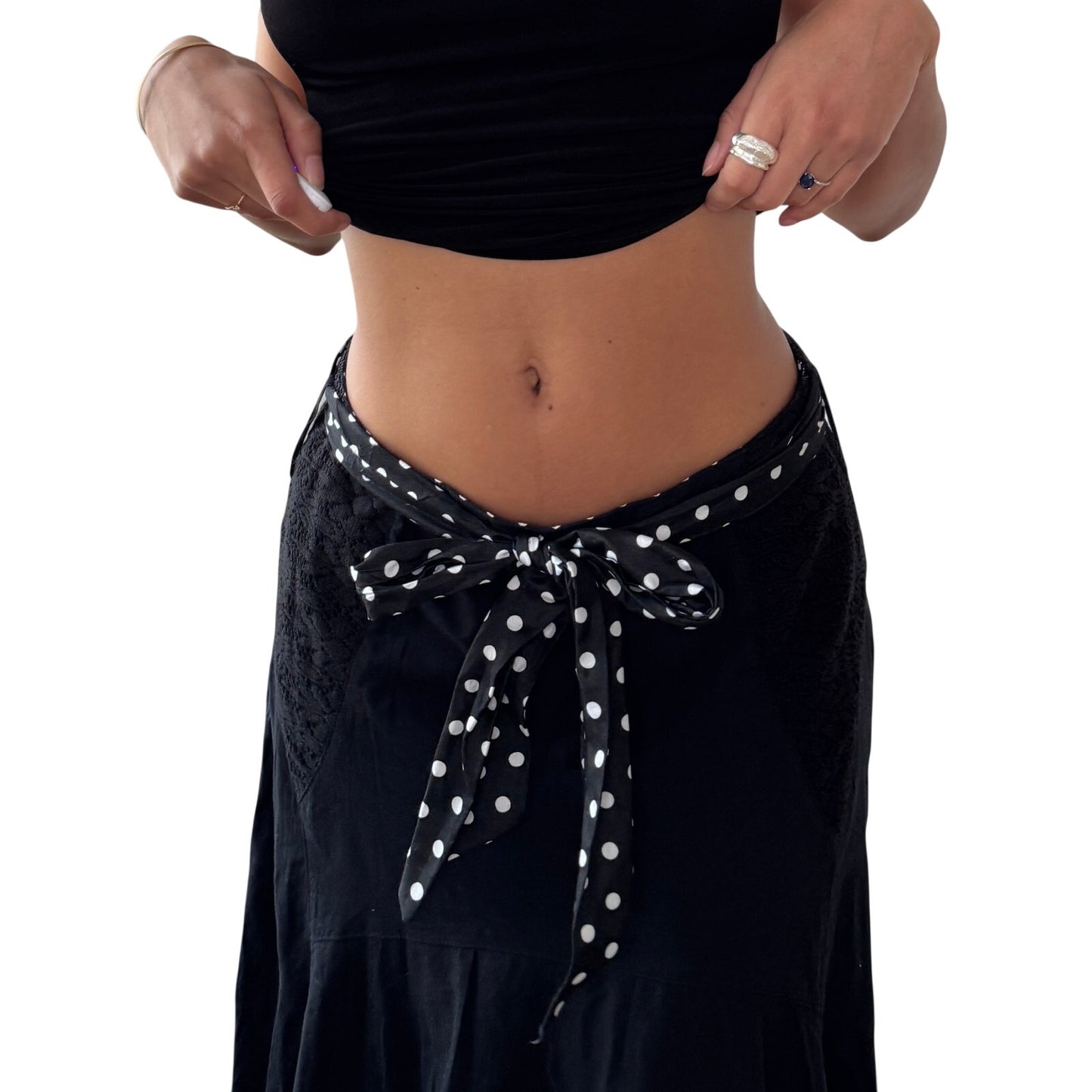 Vintage Black Cotton Eyelet Midi Skirt Polka Dot Bow Y2K French (S)