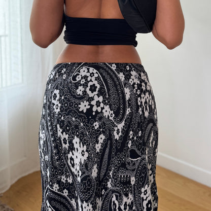 Vintage Black White Paisley Mesh Midi Skirt Y2K Ruffle Hem Skirt (S) ⠀