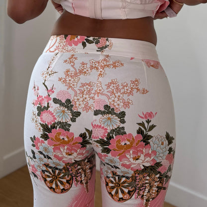 Vintage White Pink Floral Bustier & Pants Set Cotton Spanish Y2K (XS/S)