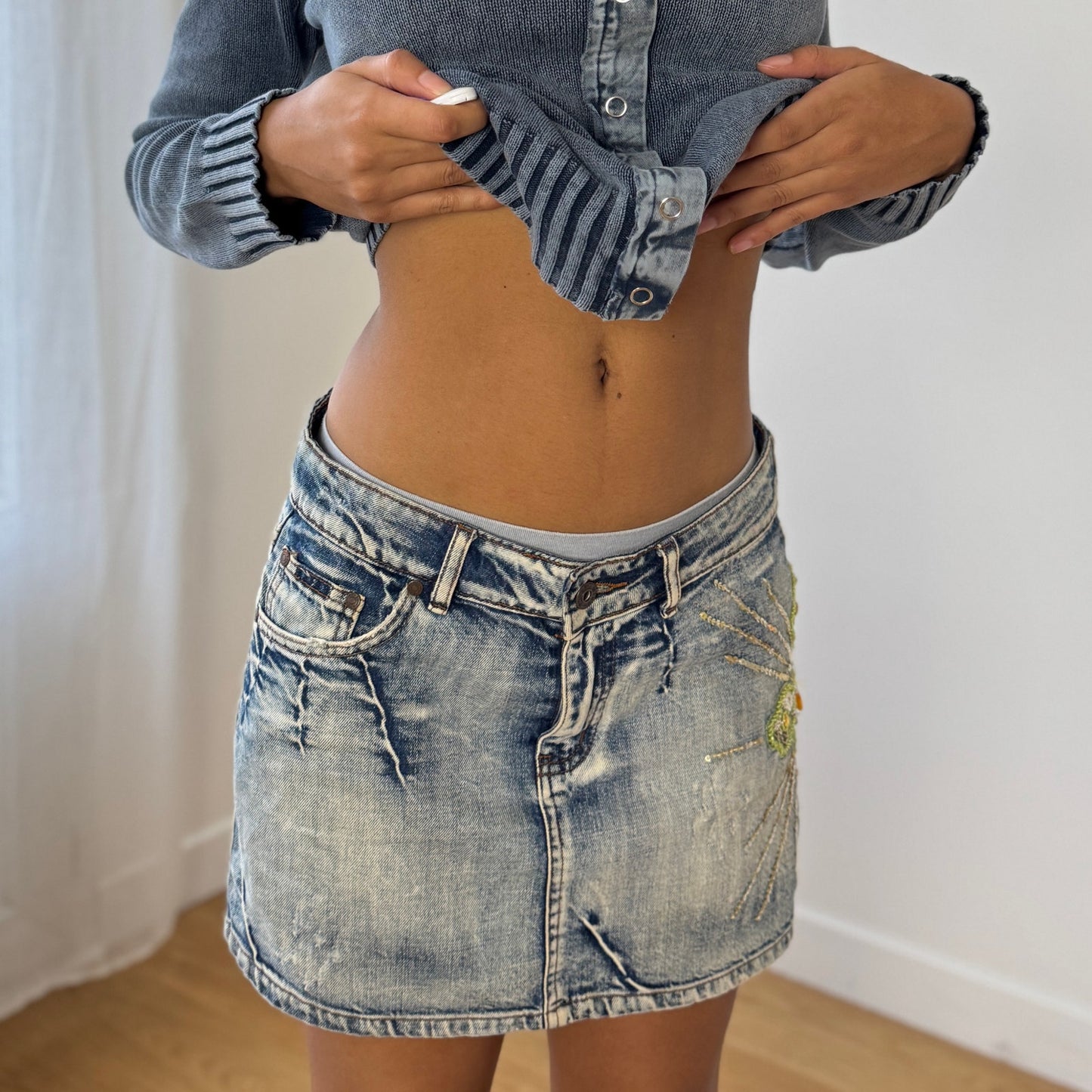 Vintage Italian Denim Mini Skirt Embroidered Sequin Floral 100% Cotton (S)