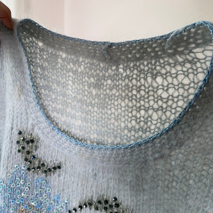 Vintage Baby Blue Mohair Blend Floral Sequin Sweater Italian Y2K Fuzzy Knit Top (S/M)