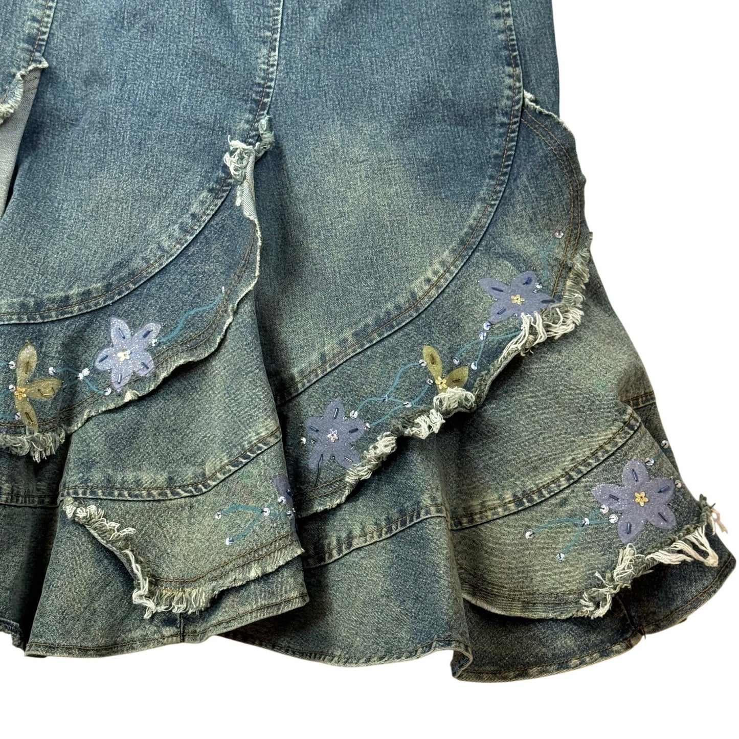 Vintage 00s mid rise detailed flared denim midi skirt with beads & sequins XS/S