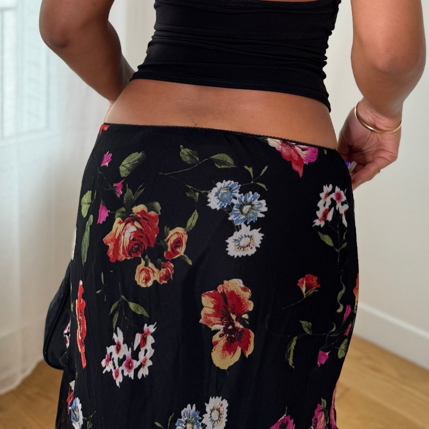 Vintage Black Red Pink Floral Mesh Asymmetrical Midi Skirt Italian Y2K (S)