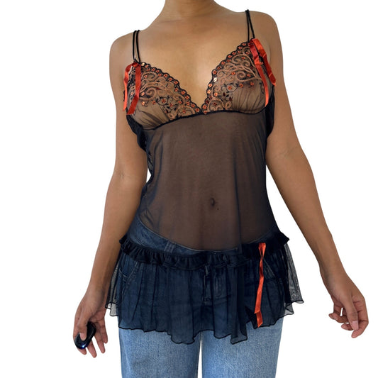 Vintage Italian Sheer Black & Orange Babydoll Top (M)