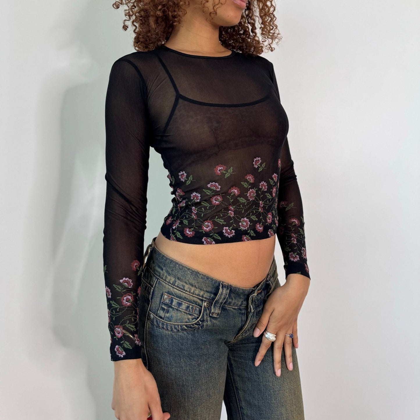 Vintage Black Pink Green Embroidered Floral Sheer Mesh Long Sleeve Top Italian Y2K (S)