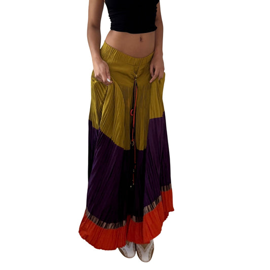 Vintage Mustard Purple Orange Colorblock Pleated Maxi Skirt Italian (S)