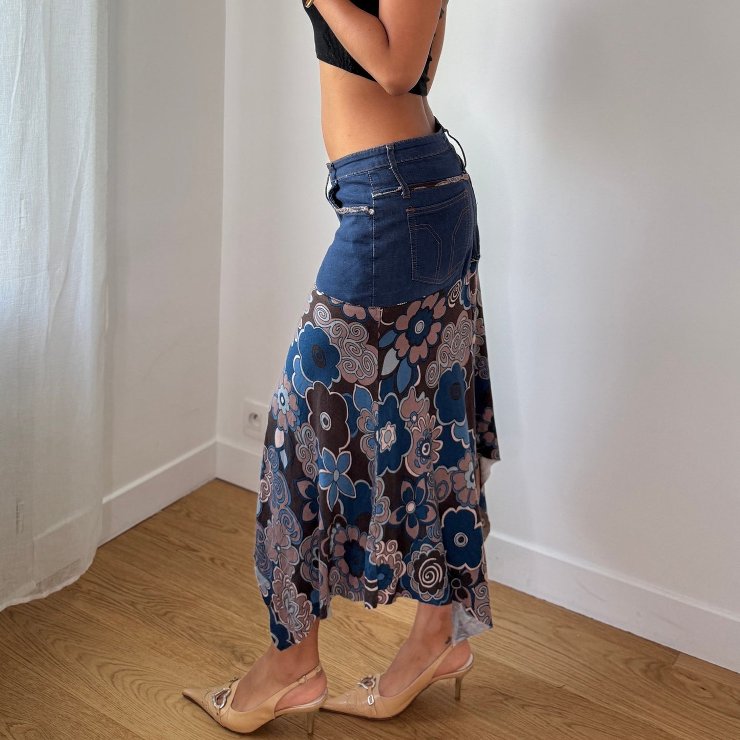 Vintage Denim Waistband Floral Mesh Midi Skirt Saxx Jeans Y2K (S)