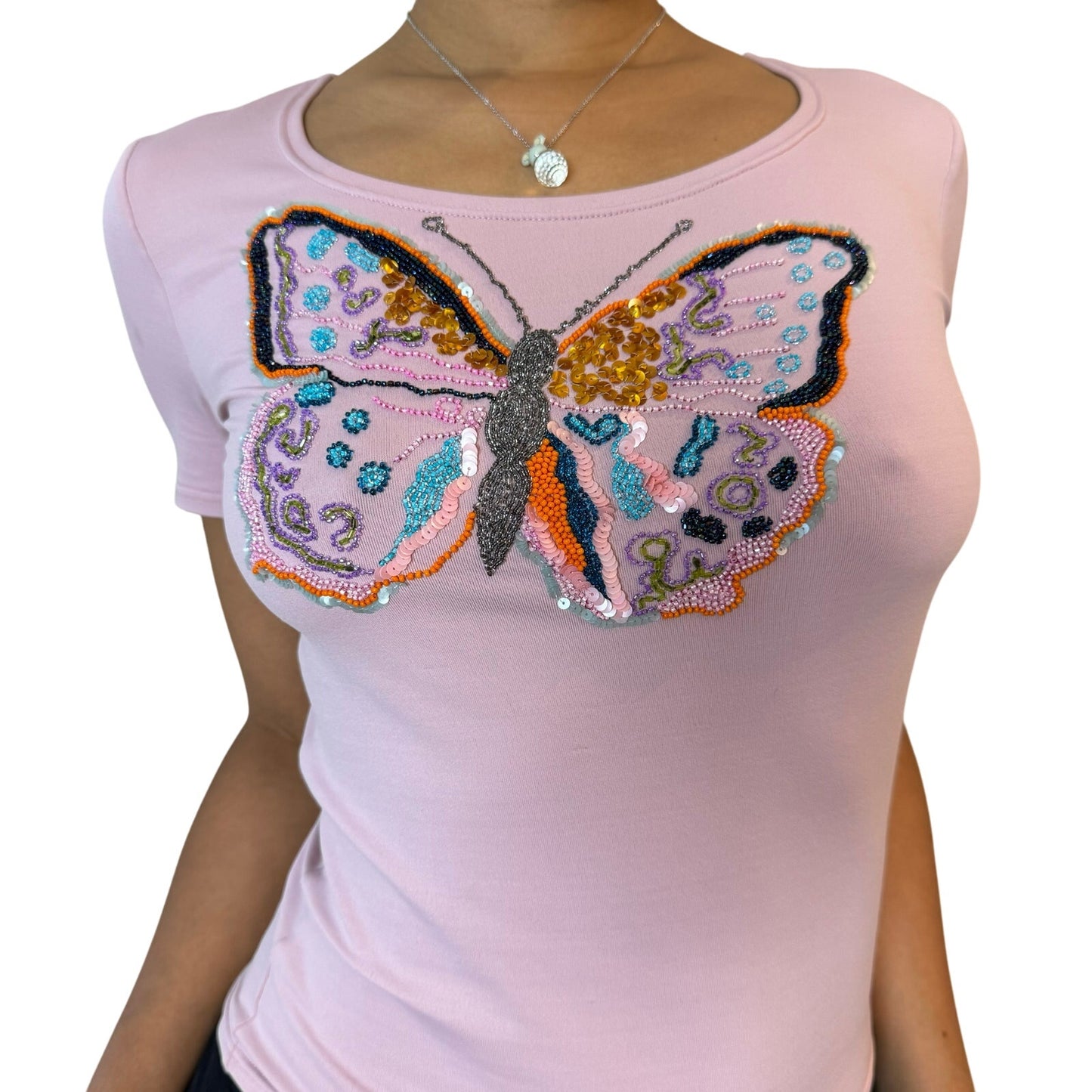 Vintage Pink Baby Tee with Beaded Butterfly (S)