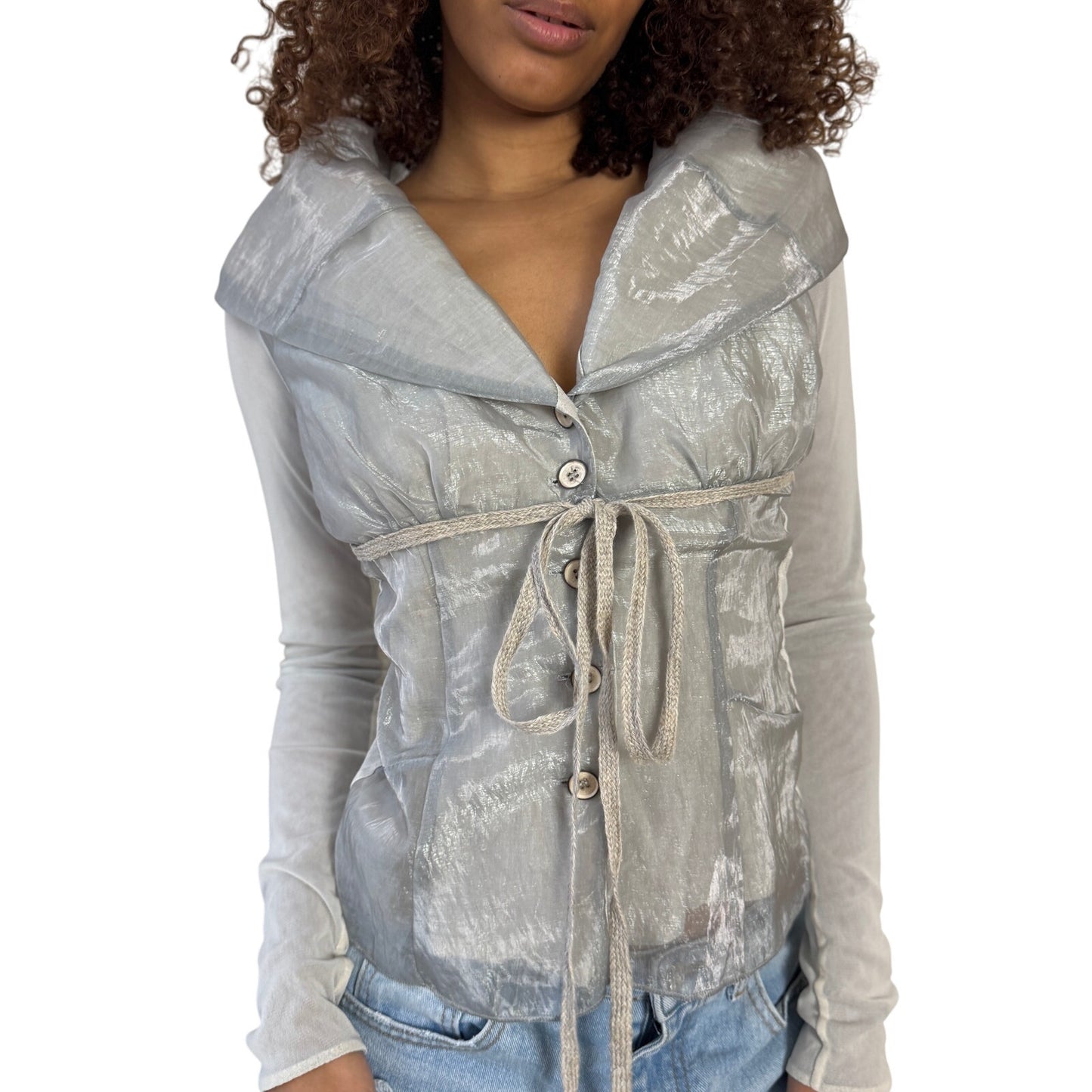 Vintage euro silver grey organza tie front semi sheer long sleeve top with draped collar and button front (S)