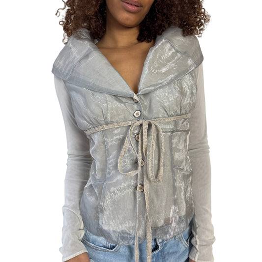Vintage euro silver grey organza tie front semi sheer long sleeve top with draped collar and button front (S)