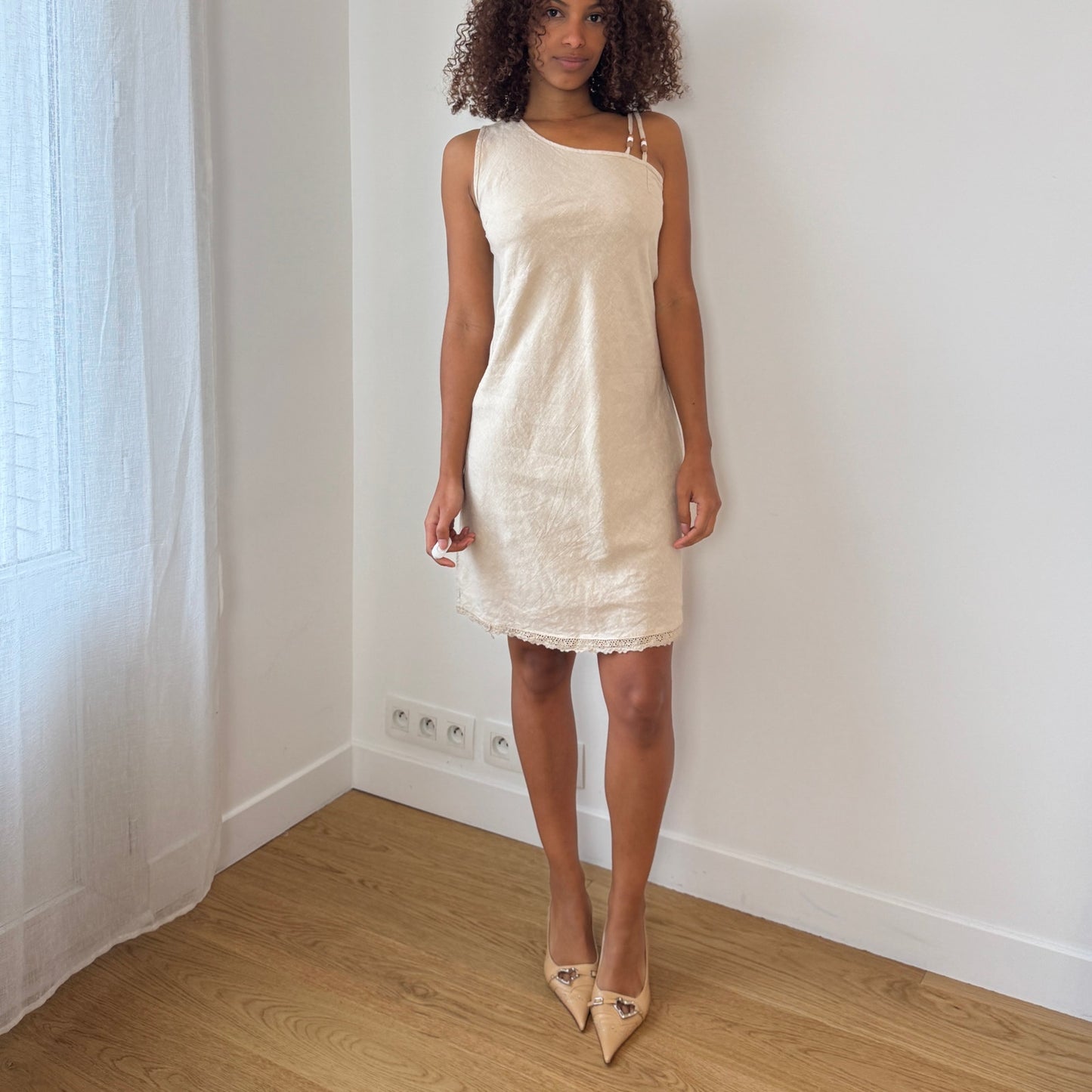 Vintage Italian Beige One-Shoulder Linen Dress (S)