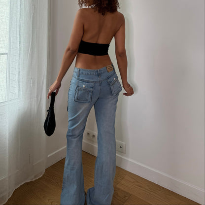 Vintage Light Blue Wash Low Rise Cargo Flare Jeans Euro Y2K (S)