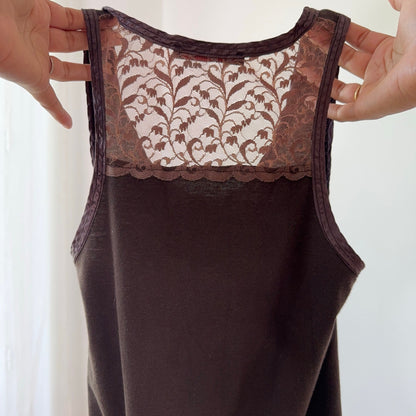 Vintage Brown Embellished Dragonfly Tank Top Lace Back Y2K (S)