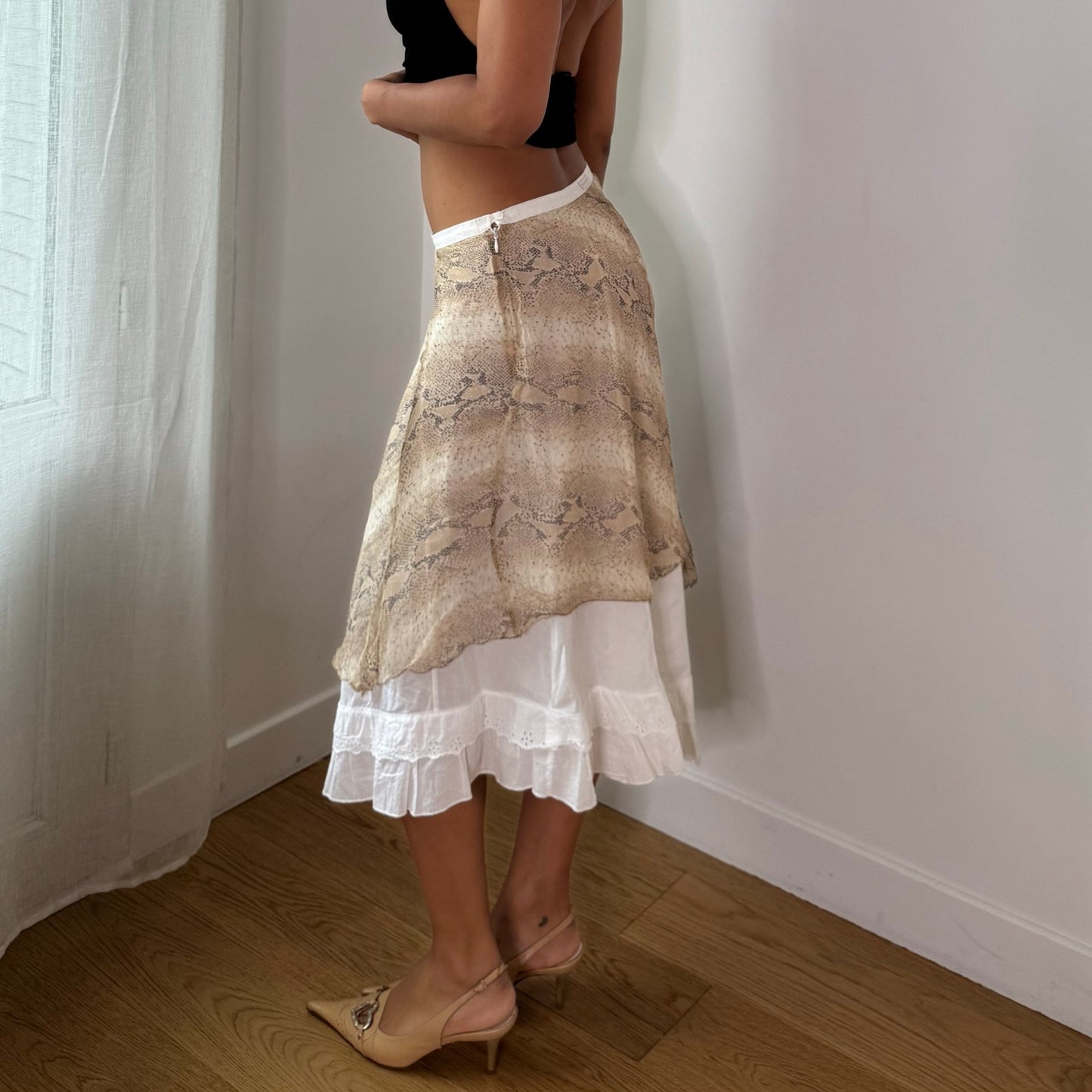 Vintage Beige Cream Snakeskin 100% Silk Ruffle Midi Skirt Italian Y2K (S)