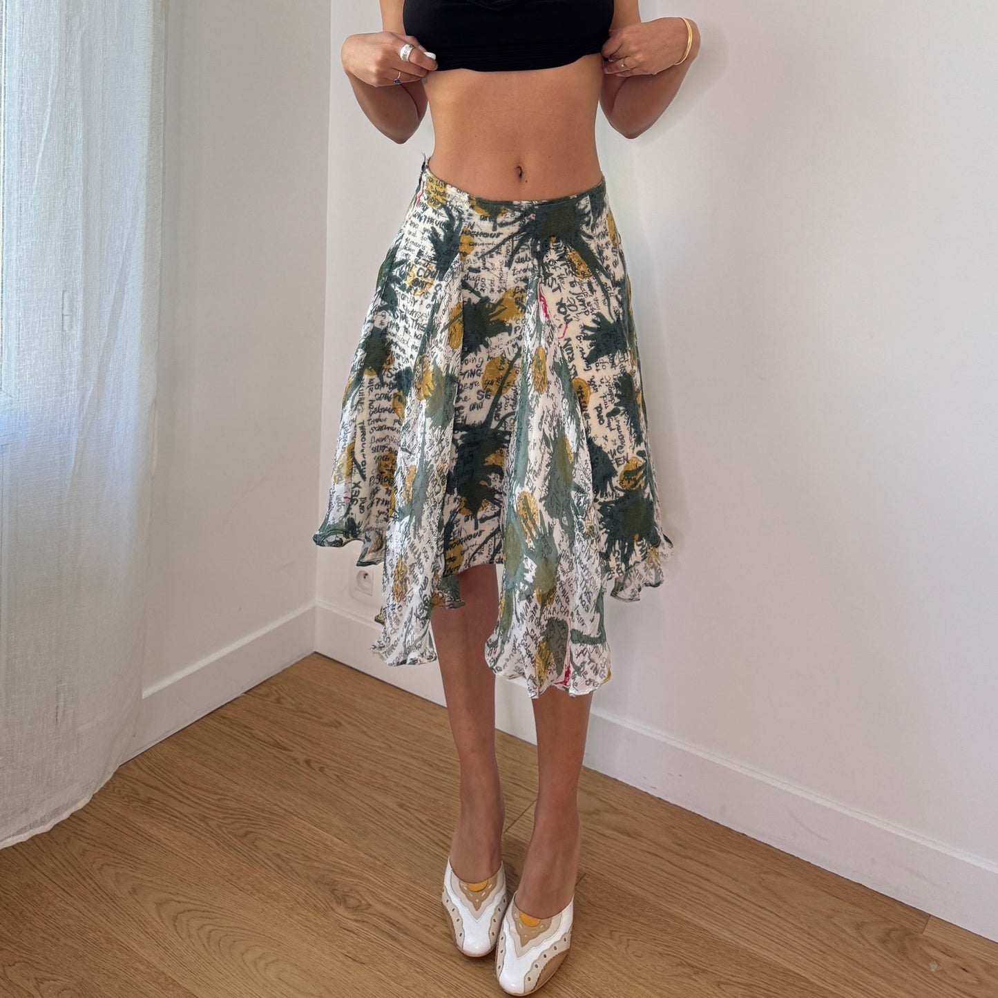 Vintage Abstract Script Silk Blend Handkerchief Midi Skirt Mesh Overlay (S) ⠀