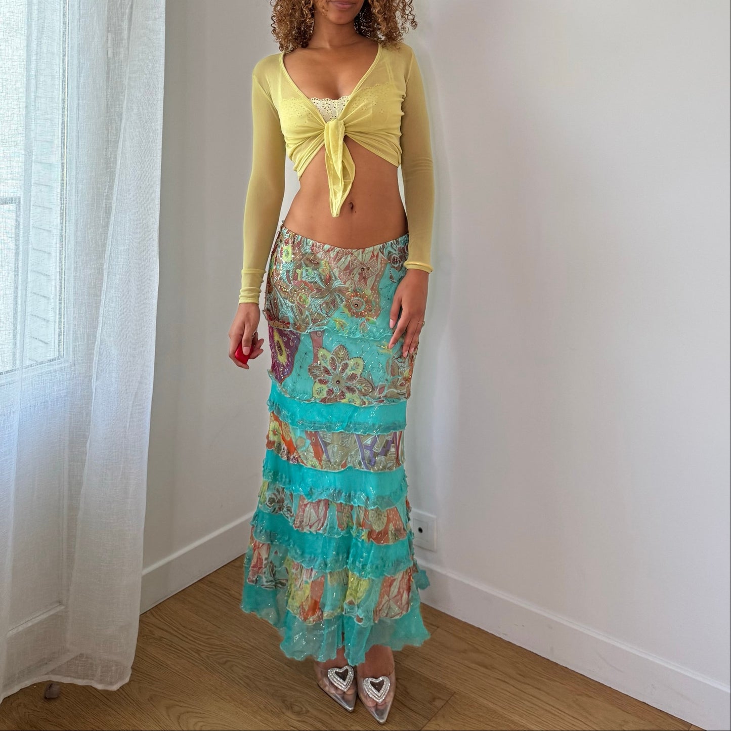 Vintage Turquoise Floral Mesh Tiered Maxi Skirt Dehry Y2K (S/M)