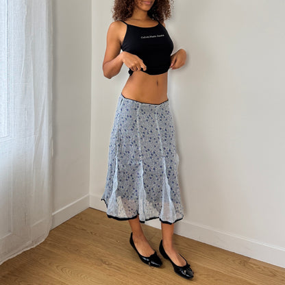 Vintage Italian blue floral chiffon midi skirt with silk ruffle inserts (S/M)