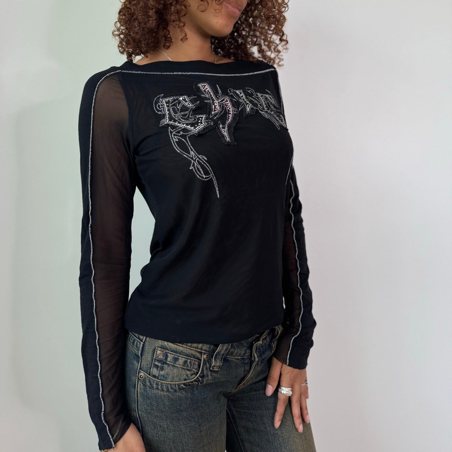 Vintage Black Mesh Rhinestone Graphic Top Sheer Y2K Euro (S/M)