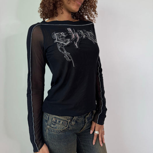 Vintage Black Mesh Rhinestone Graphic Top Sheer Y2K Euro (S/M)