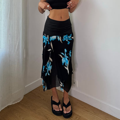 Vintage Black Blue Floral Mesh Asymmetrical Midi Skirt Italian Y2K (S)