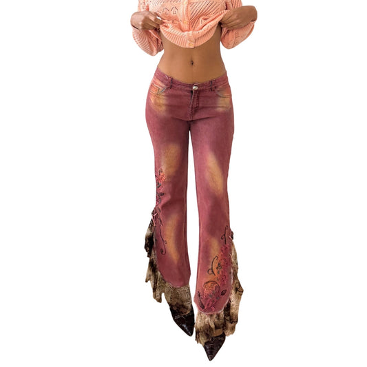 Vintage Euro lace-trim embroidered flare pants (Small)