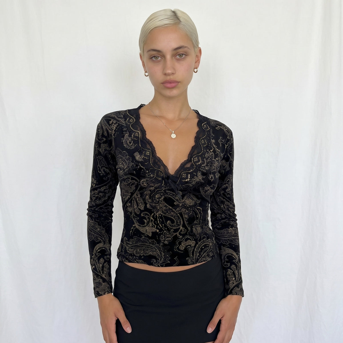 Vintage French Paisley Lace Long Sleeve Top (S)