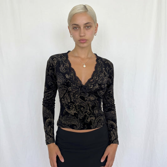 Vintage French Paisley Lace Long Sleeve Top (S)