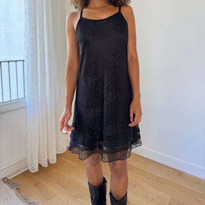Vintage European Black Lace Slip Dress with Scalloped Hem (S/M)