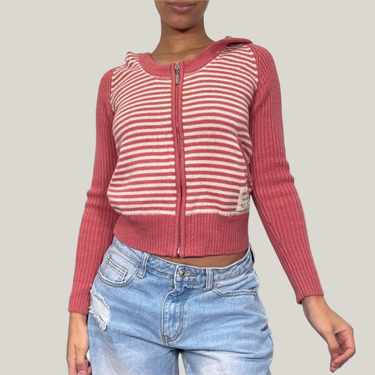 Vintage 2000s wool knit striped cream & coral zip up cardigan sweater (M)