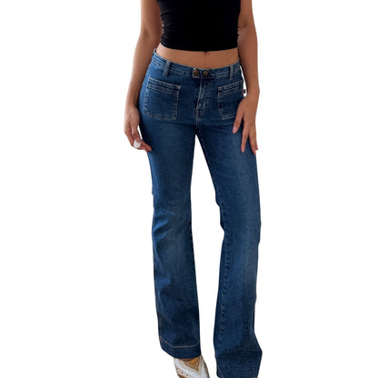 Vintage Italian Denim Low Rise Straight Leg Jeans Patch Pocket Y2K (S)