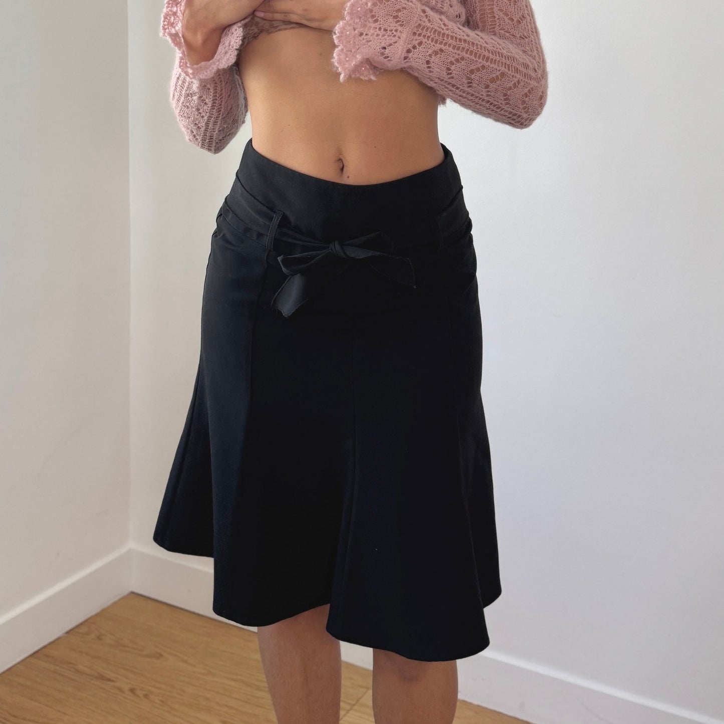 Vintage French Black Tie Waist Midi Skirt Flared A-Line Y2K (XS)