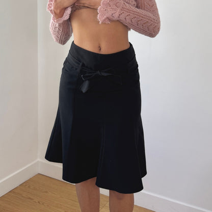 Vintage French Black Tie Waist Midi Skirt Flared A-Line Y2K (XS)