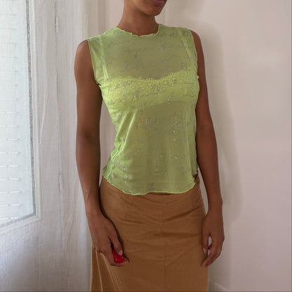 Italian vintage 00s lime green sheer mesh top with silver glitter script