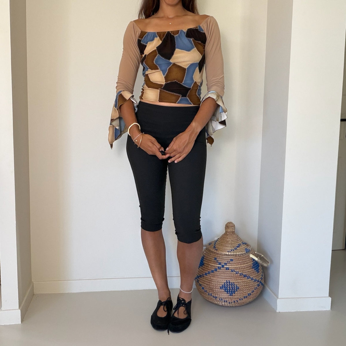 French vintage brown & blue patchwork print top with off shoulder neckline and flared sleeves